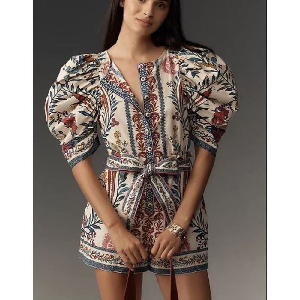 FARM Rio Womens Romantic Lightness Puff Short Sleeve Romper Size 2XS White/Multi